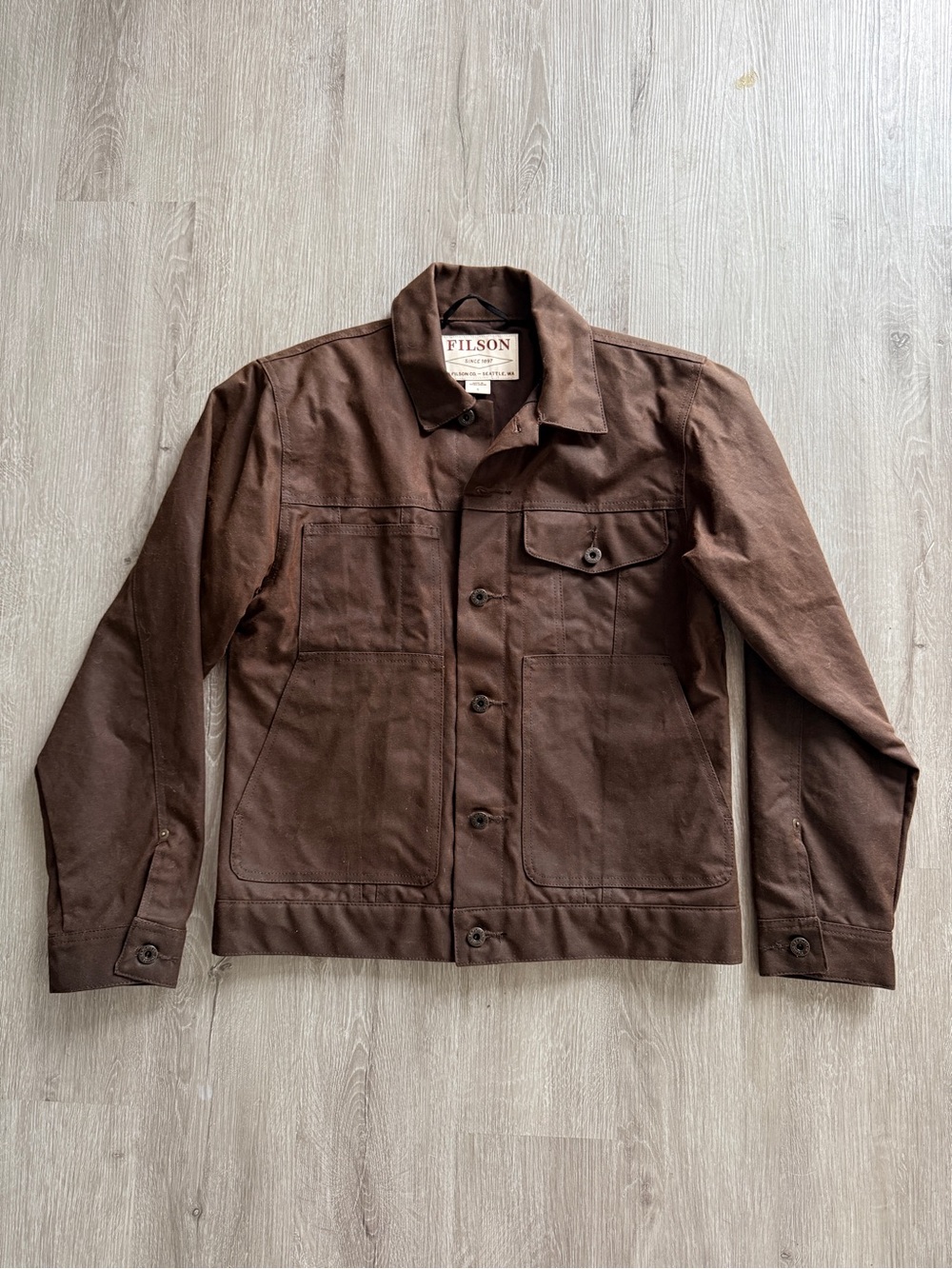 Filson Dark Brown Lined Tin Cloth Short Cruiser Jacket